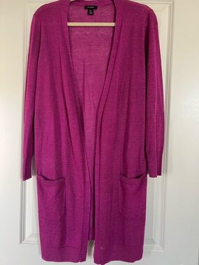 Halogen Linen Mix Slub Knit Open-Front Magenta Long Cardigan with Pockets NWOT